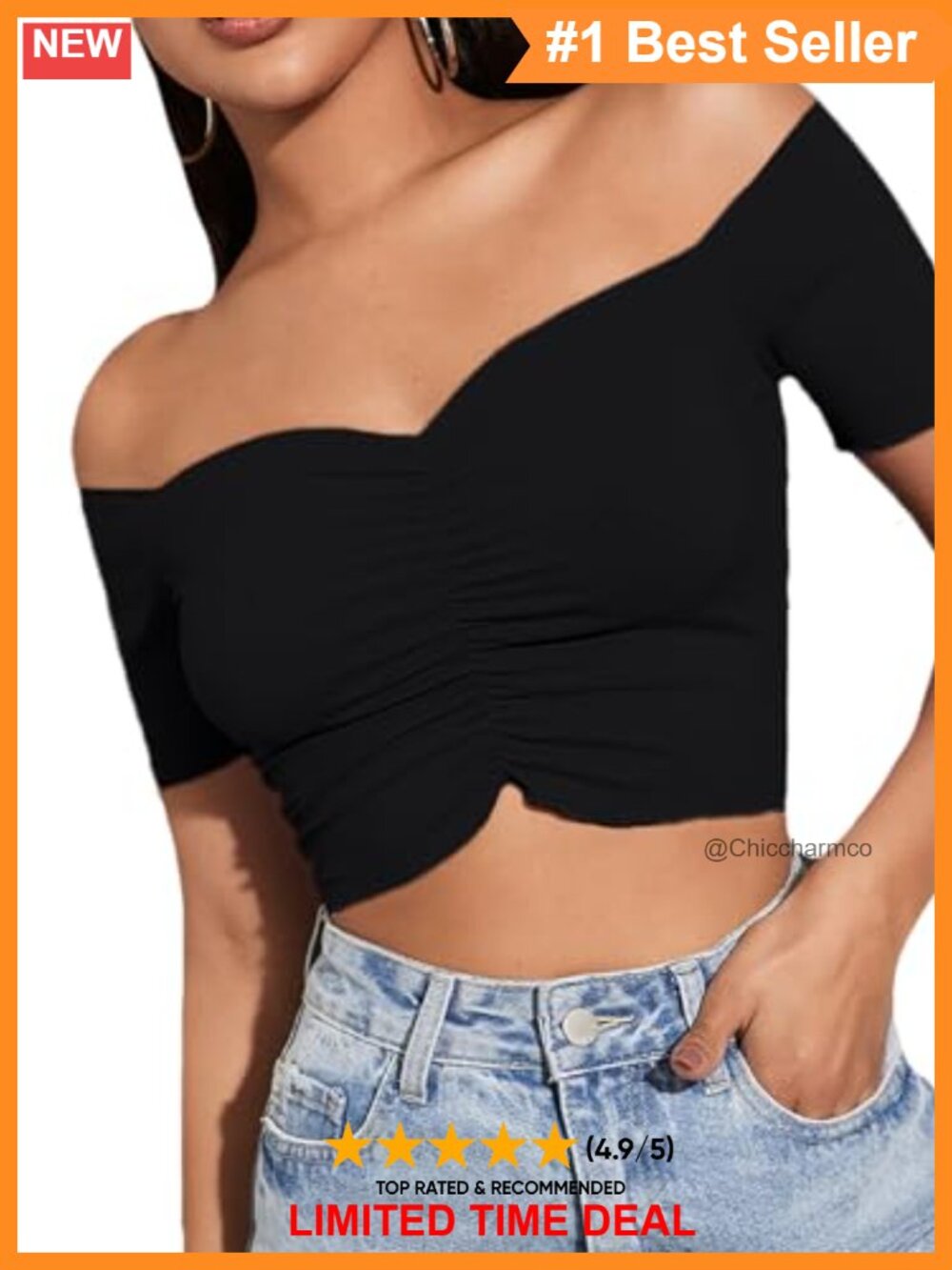 Off Shoulder Ruched Sweetheart Neck Ribbed Knit Crop Top - Picture 2 of 5